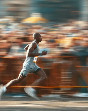 Action blur of a focused male runner dashing through the finish line with intensity and determination in a race.